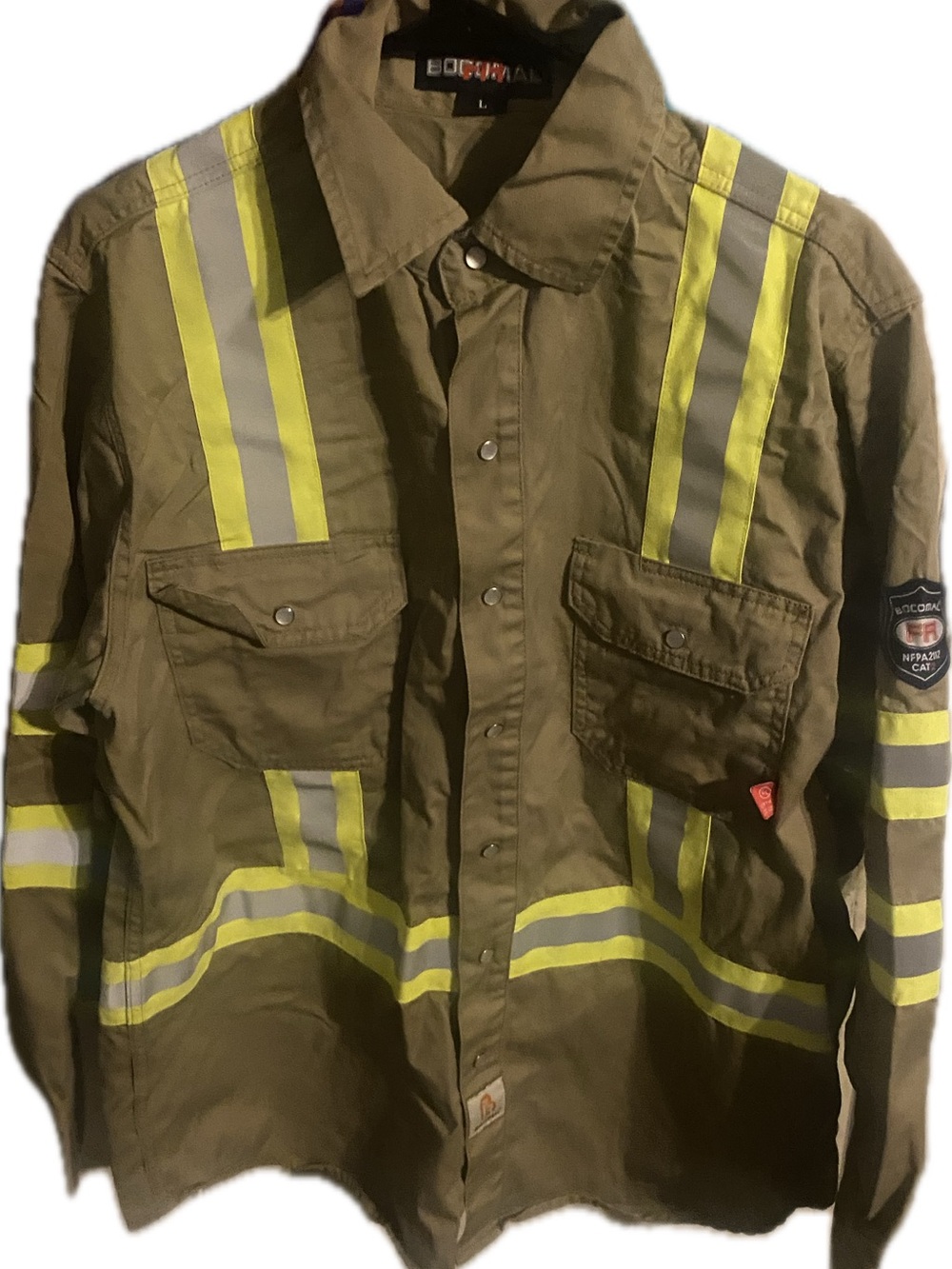 Bocomal FR Brown button down  with High-Visibility Yellow Striping